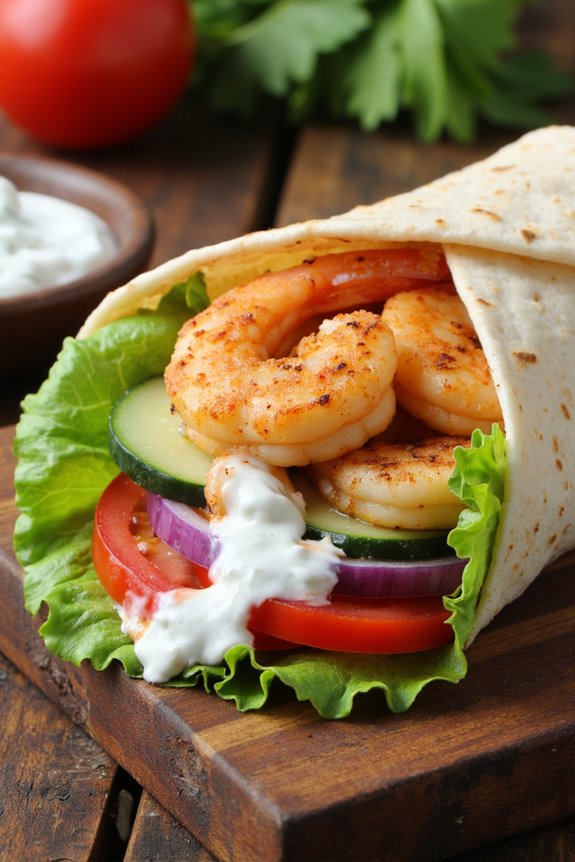 shrimp filled mediterranean delight wraps